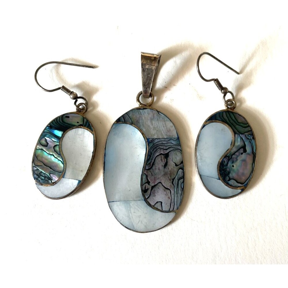 Vintage Abalone Mother Of Pearl Earrings Pendant Alpaca Silver